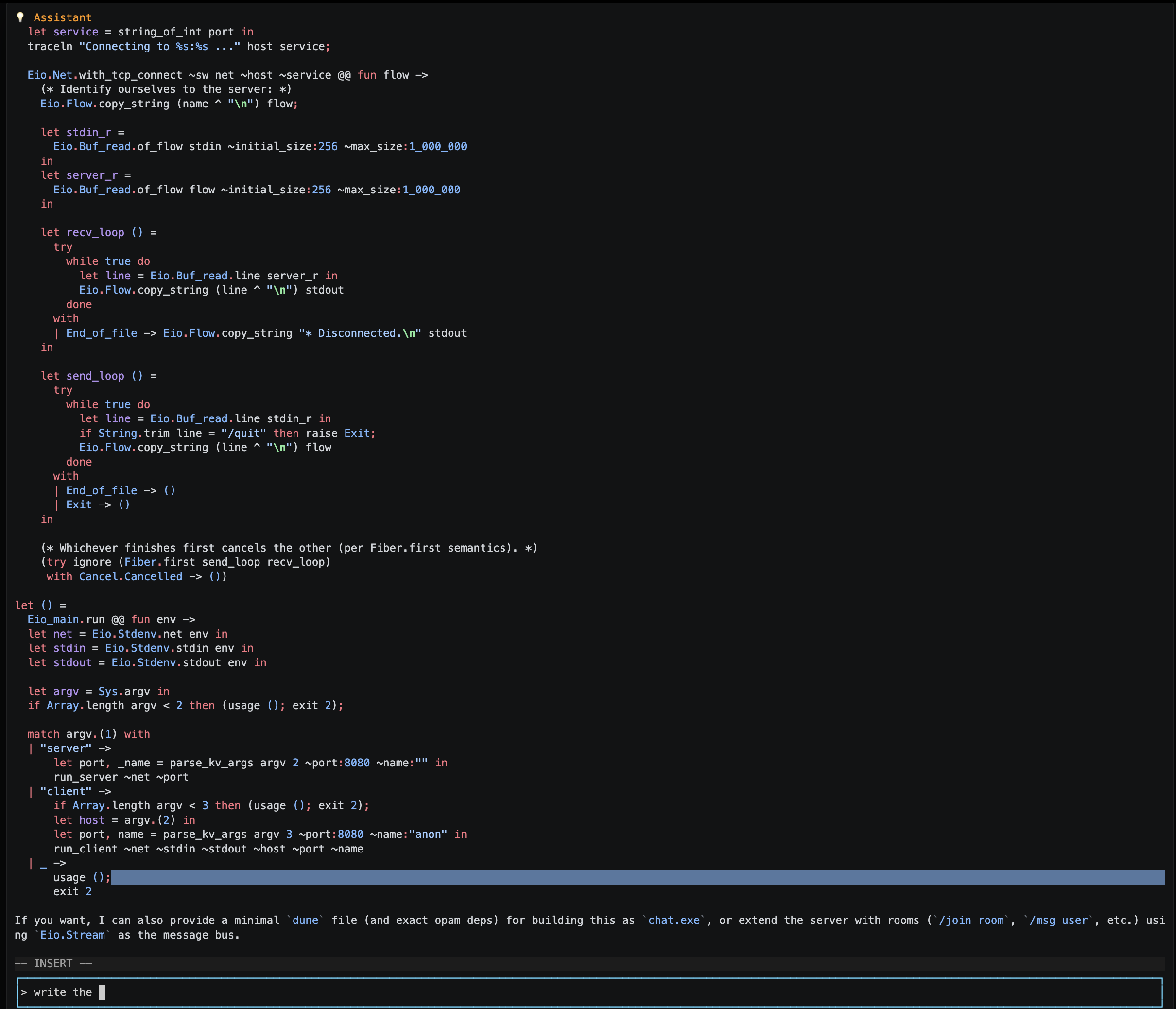 Historical chat_tui interface with a transcript and terminal input